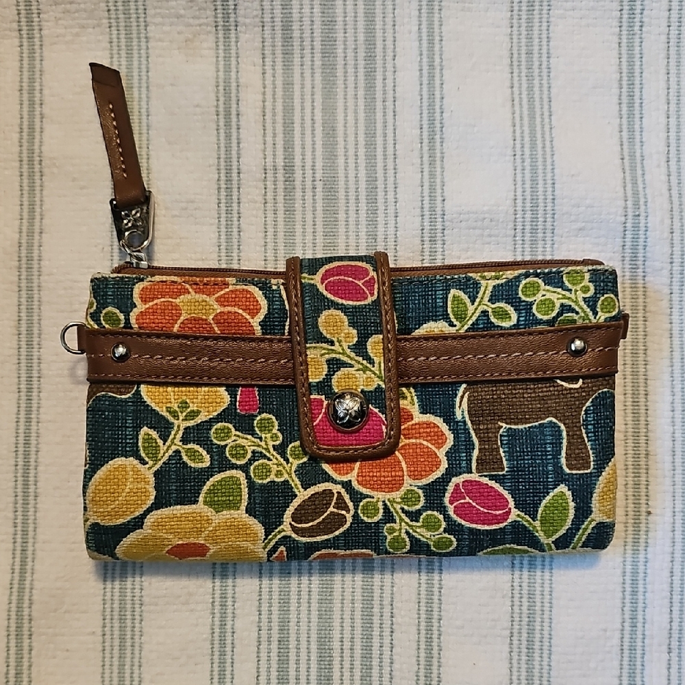 Floral Canvas Wristlet with Brown Trim
